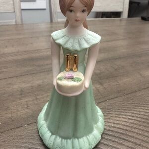 Enesco Growing Up Birthday Girls Figurine Age 11 Brunette Green Dress Porcelain